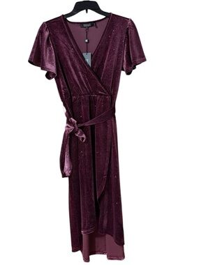 Badgley Mischka Burgundy Velvet Wrap Dress Glitter- Petite Medium NWT